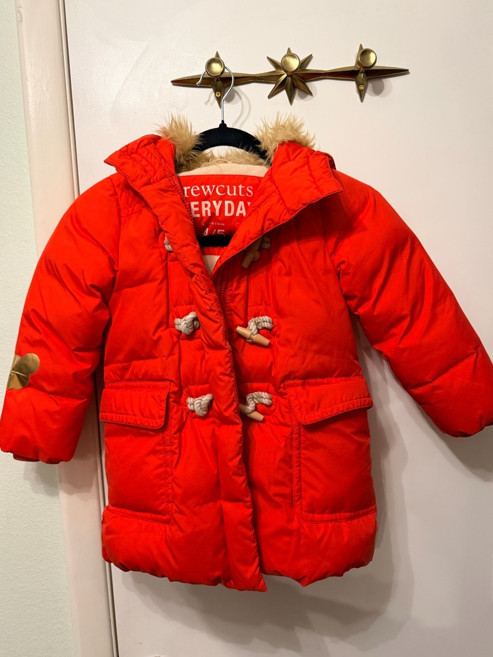 Crewcuts Bright Red Hooded Puffer Coat with Faux-Fur Trim size 4/5